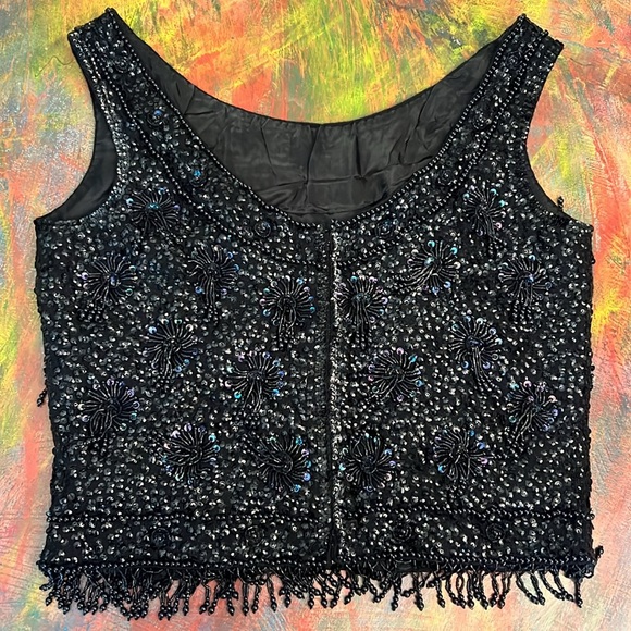 Vintage 60s Vest Top sequins hand beaded Sz. M zip up sleeveless fitted wool - Picture 10 of 14
